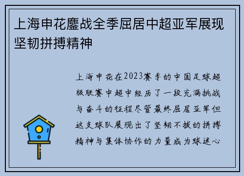 上海申花鏖战全季屈居中超亚军展现坚韧拼搏精神