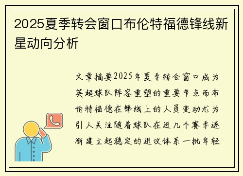 2025夏季转会窗口布伦特福德锋线新星动向分析
